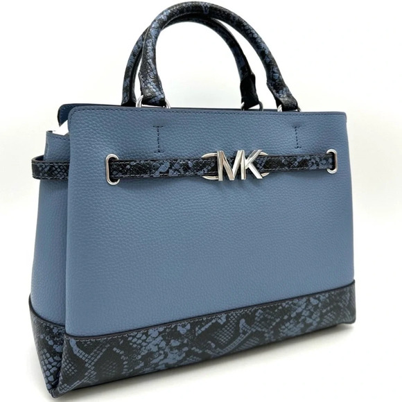 Michael Kors Large Reed Leather Belted Satchel Crossbody Bag Blue Snakeskin - Picture 3 of 12